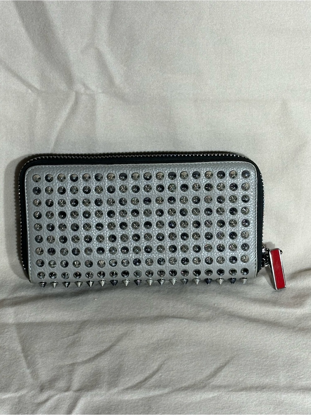 Christian Louboutin Studded Zip-Around Wallet in Gray and Black with Red Accent